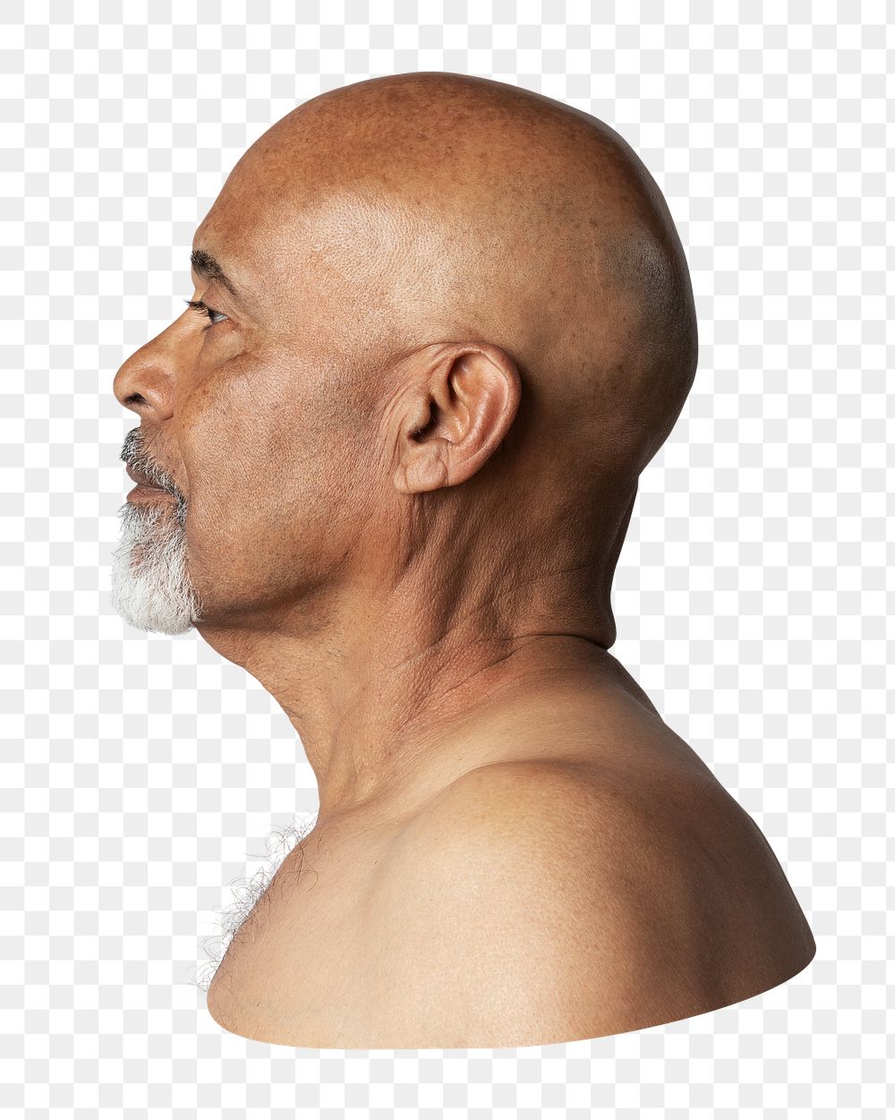 Png bare shoulder senior man sticker, side shot transparent background
