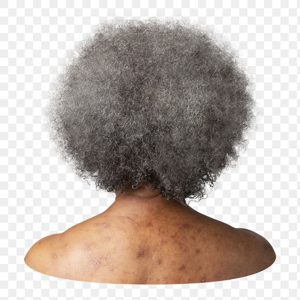Png senior woman back sticker, bare shoulder transparent background