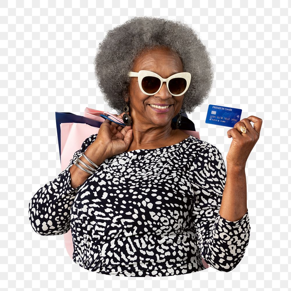Png shopping black senior woman sticker, transparent background