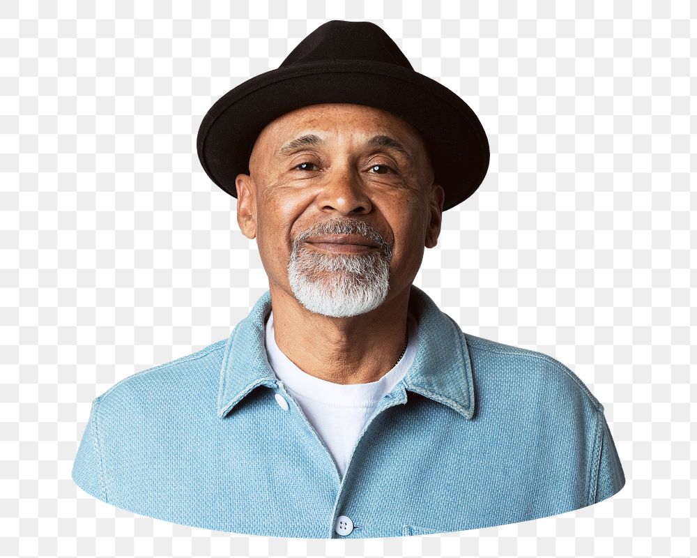 Png happy senior man with black hat sticker, transparent background