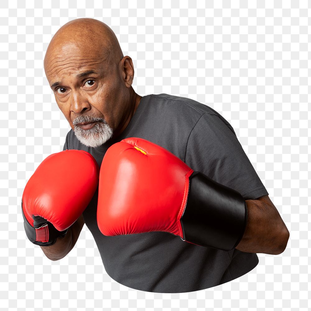 Png senior man with boxing gloves sticker, transparent background