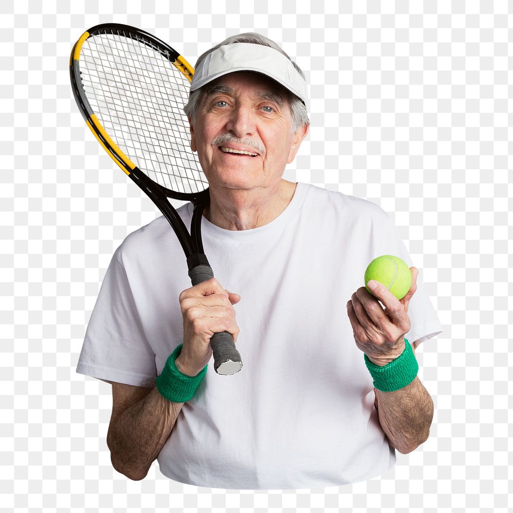 Png senior man playing tennis sticker, transparent background