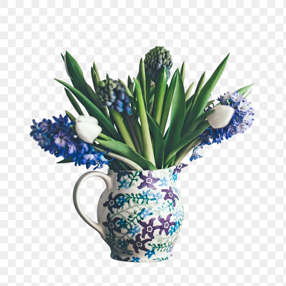 Blue hyacinths vase png, transparent background