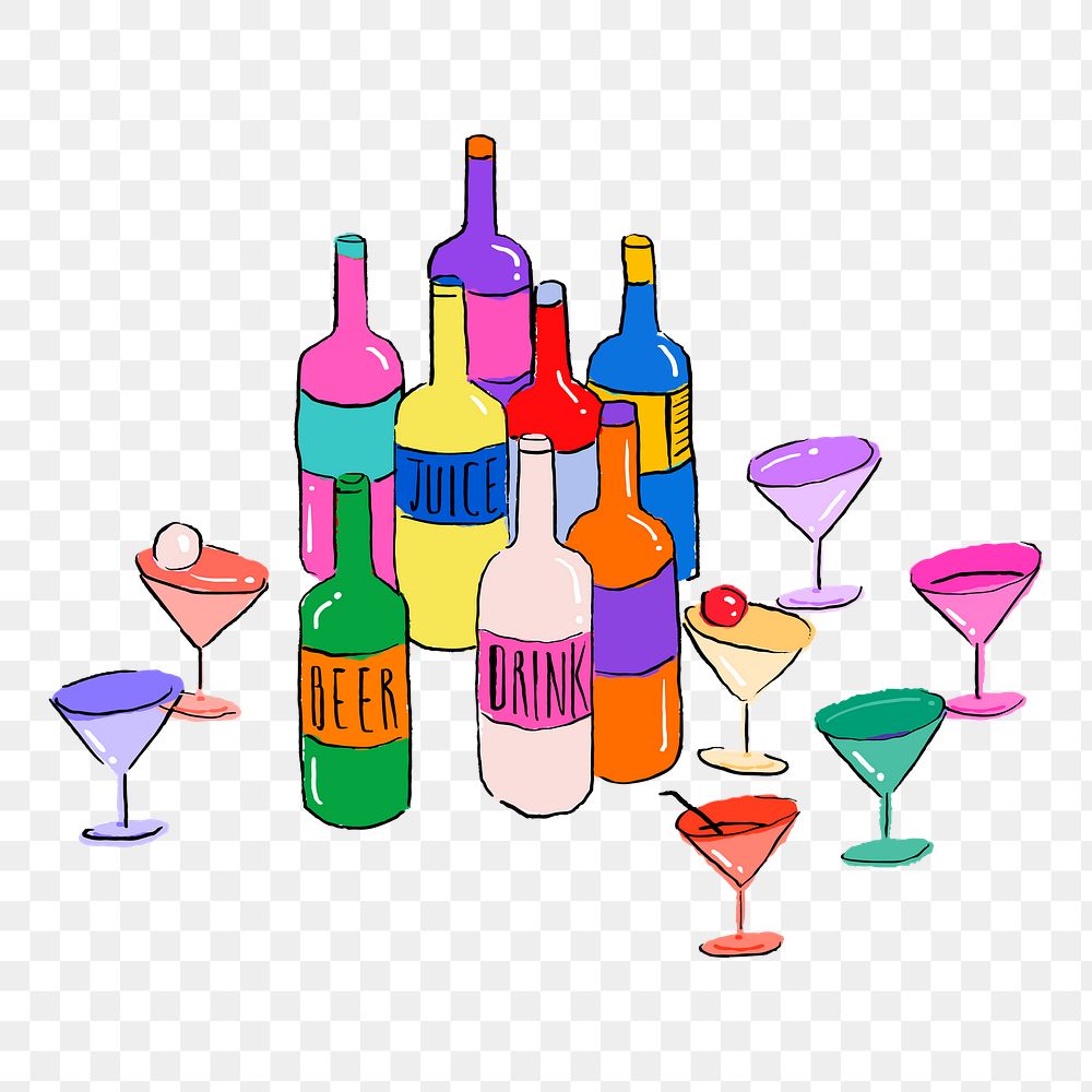 Cocktail bar bottles png sticker illustration, transparent background