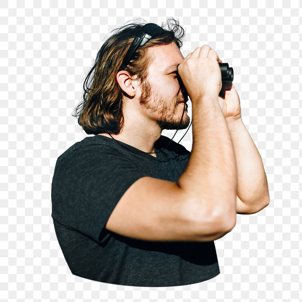 Man using binoculars png, transparent background
