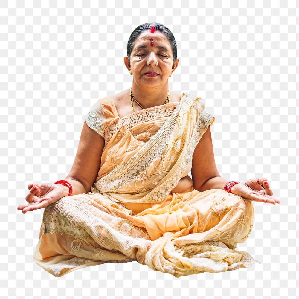 PNG meditating Indian woman, collage element, transparent background