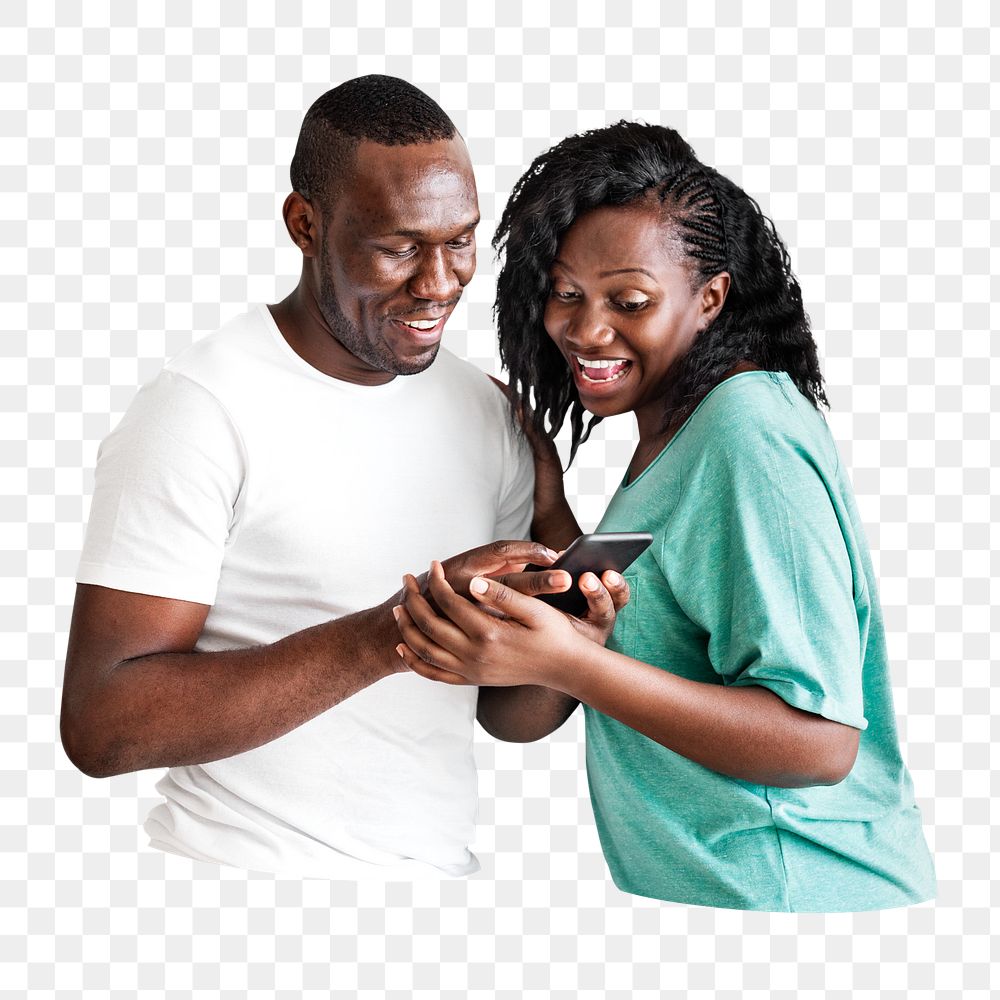 Couple using smartphone png, transparent background