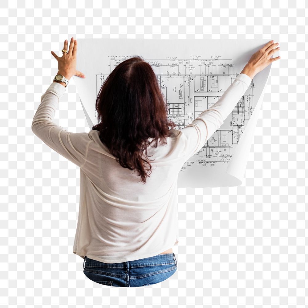 Woman holding building's blueprint png, transparent background