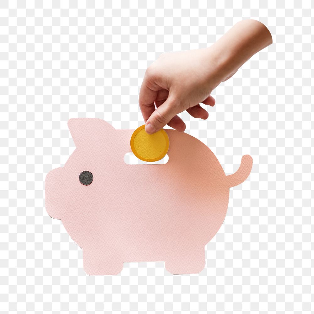 Piggy bank hand png, transparent background