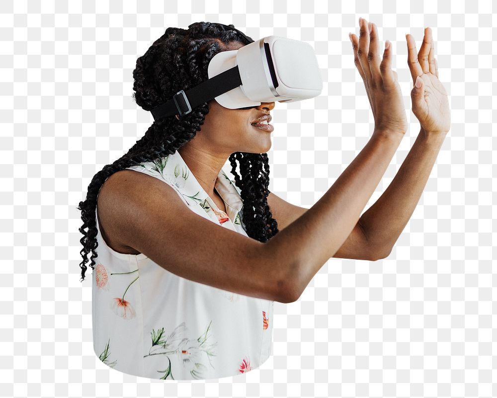 Png African woman using VR sticker, transparent background