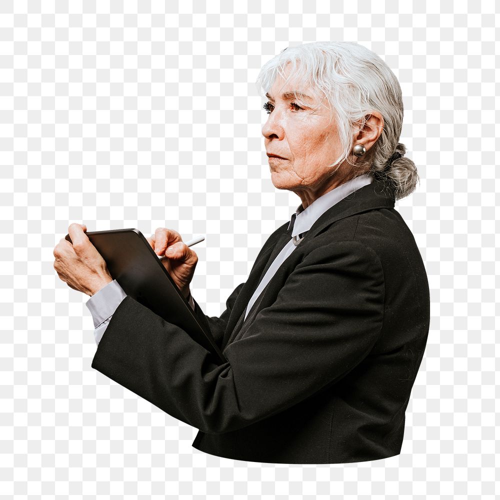 Senior businesswoman working png, transparent background