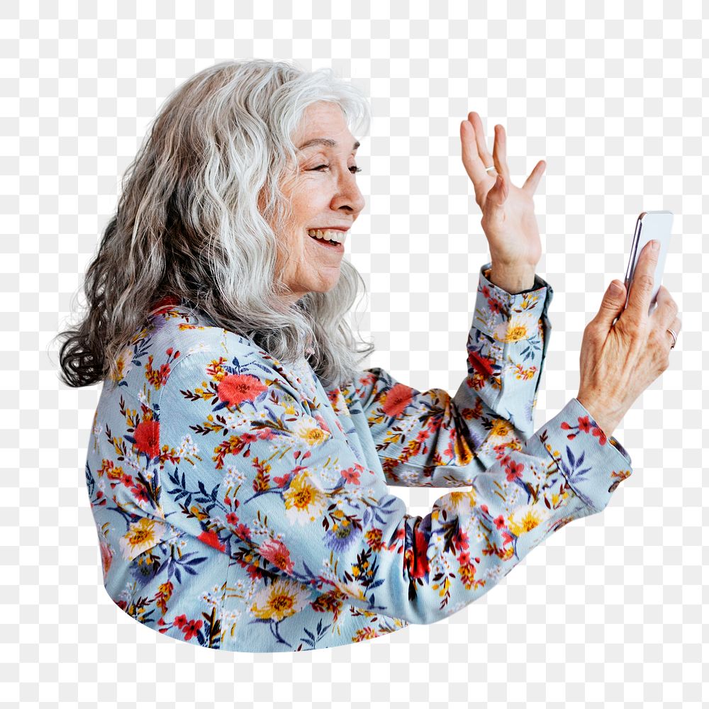 Png senior woman video calling sticker, transparent background