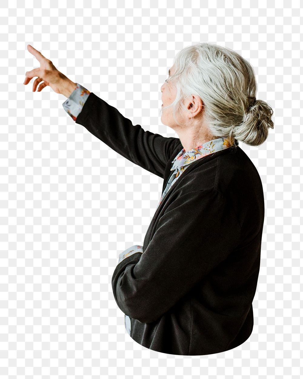 Senior woman pointing png sticker, transparent background