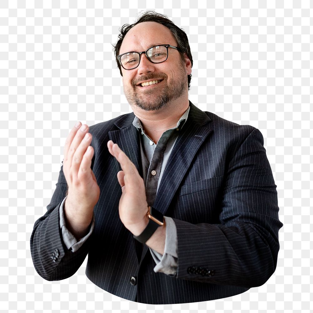 Happy businessman clapping png sticker, transparent background