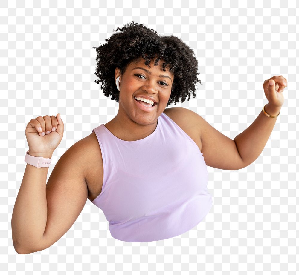 Png black woman enjoying workout music sticker, transparent background