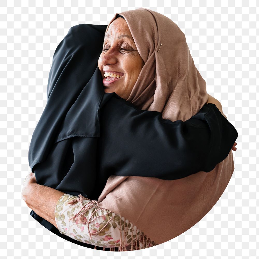 Muslim mother hugging daughter png, transparent background