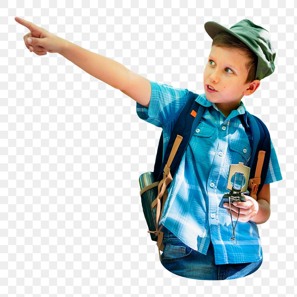 Little adventurer png pointing forward sticker, transparent background