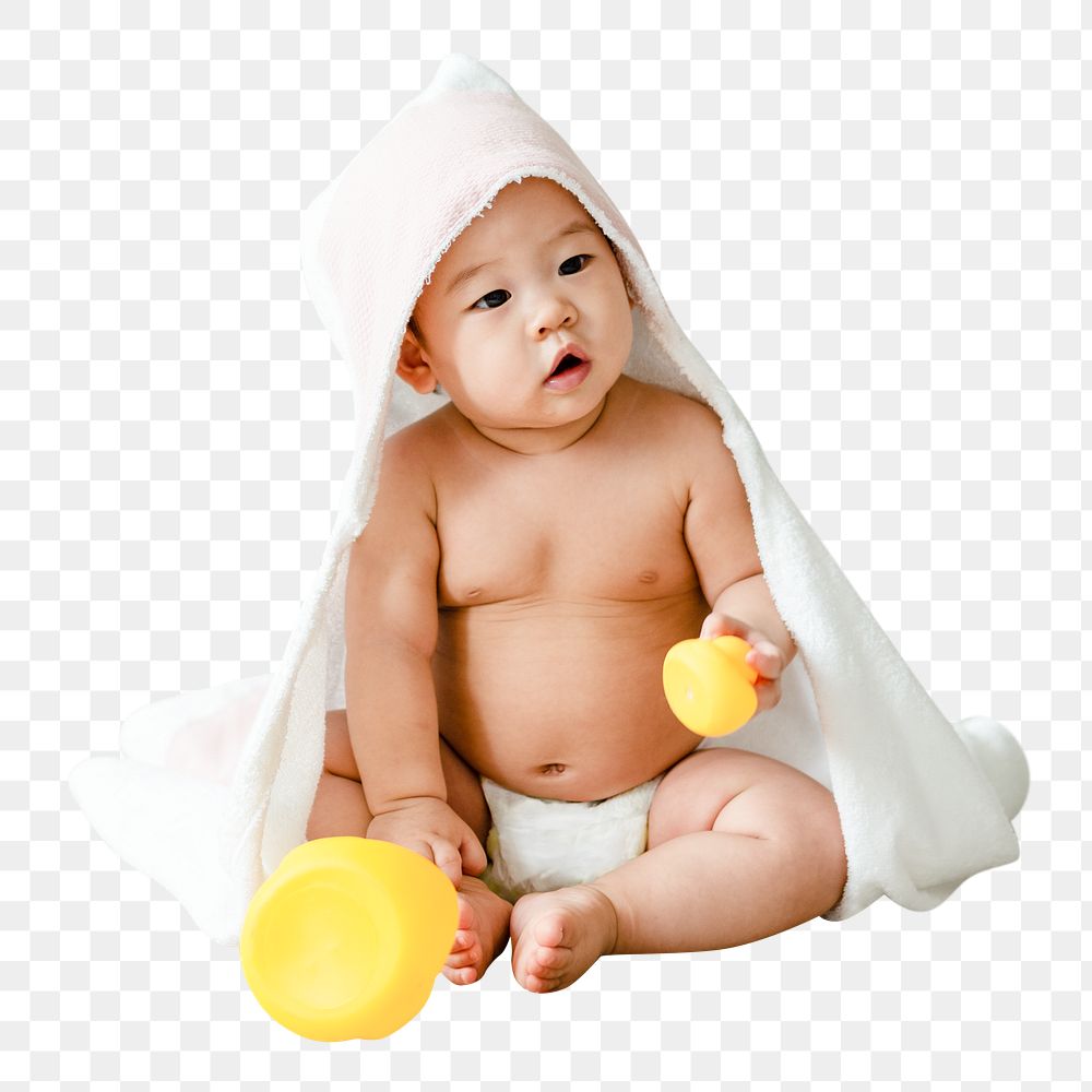 Baby in bath towel png, transparent background