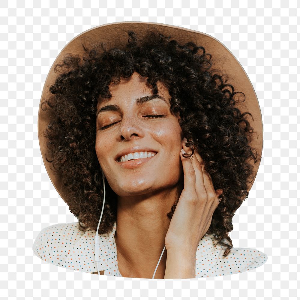 Png woman listening to music sticker, transparent background