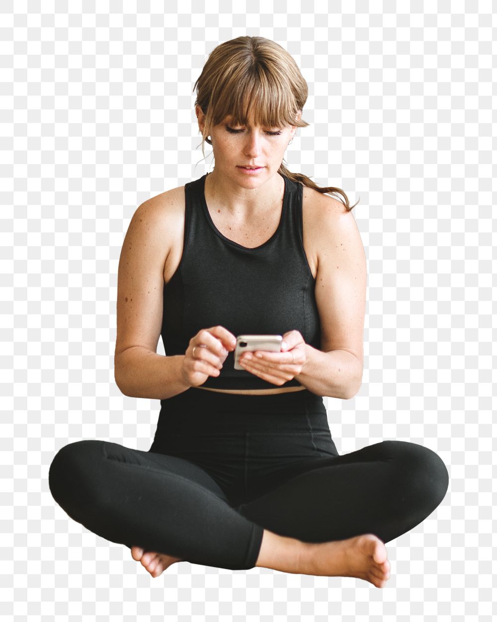 Png woman using phone  sticker, transparent background