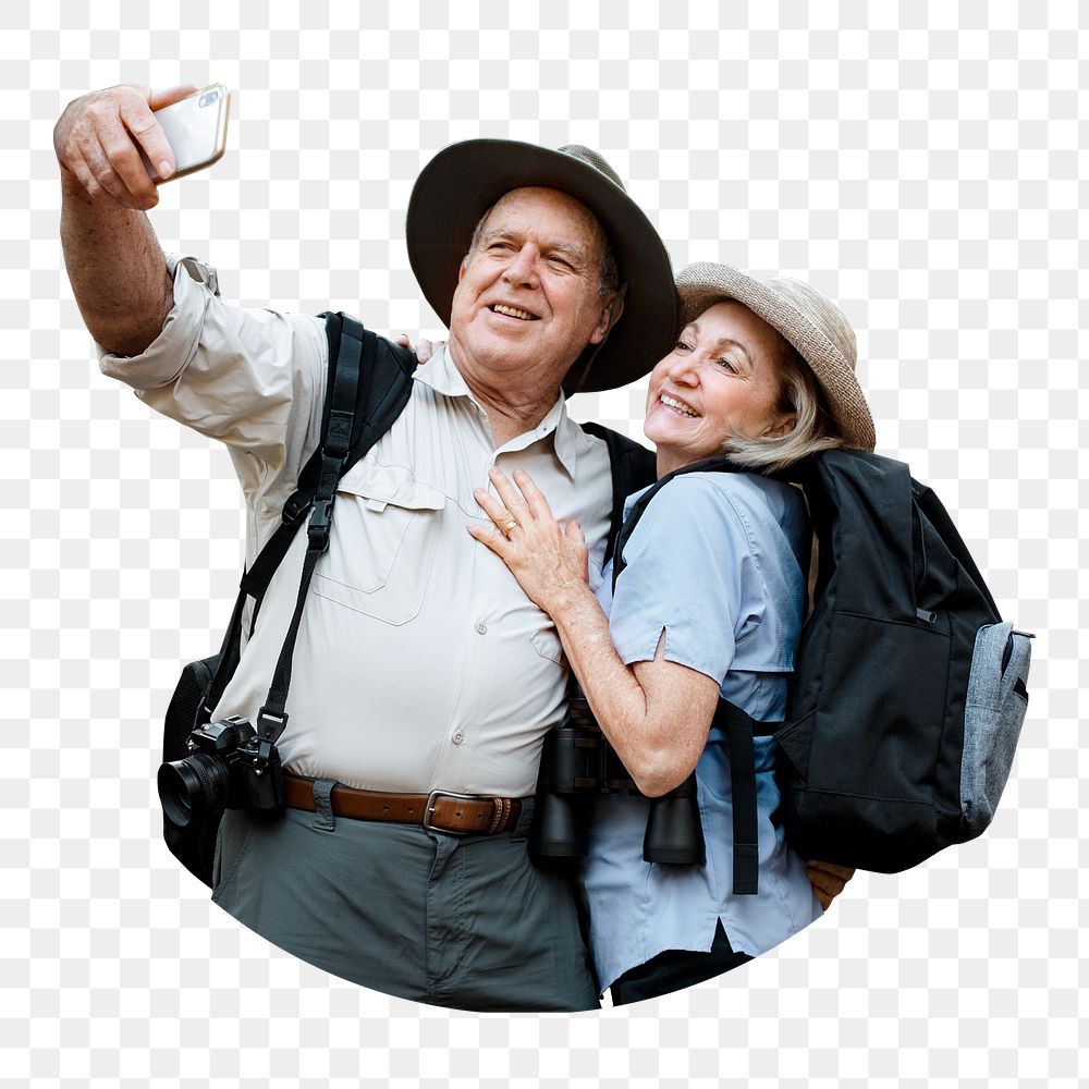 Senior couple taking selfies png, transparent background