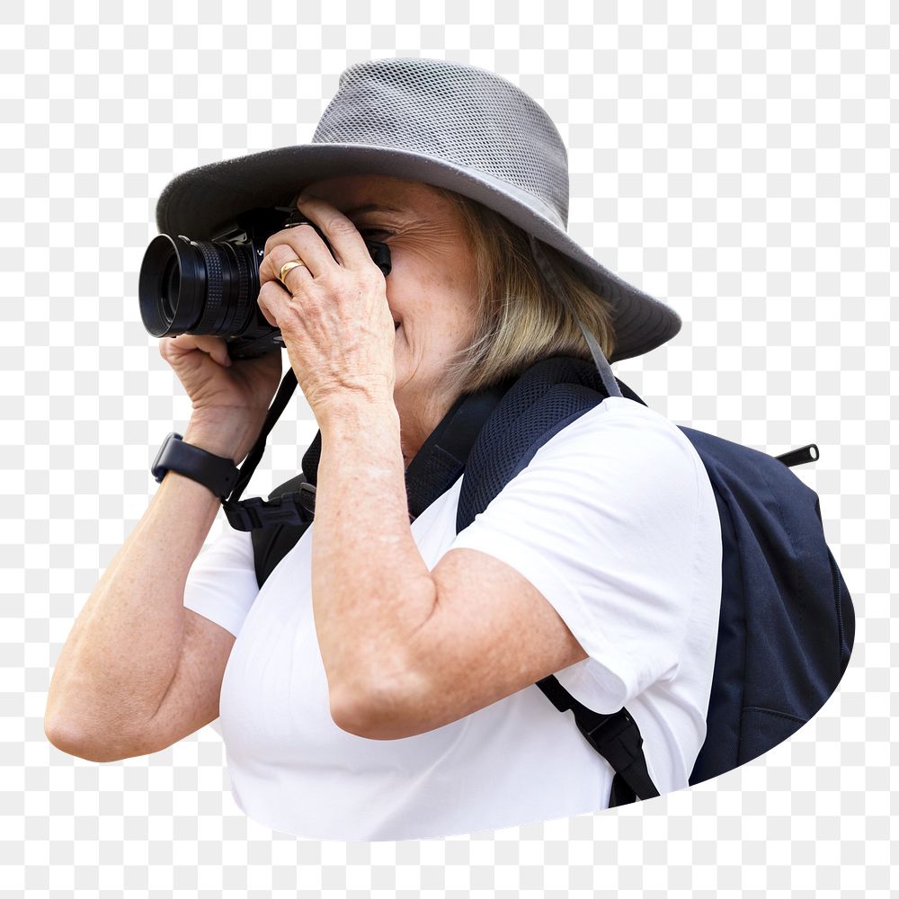 Senior traveler png binoculars sticker, transparent background