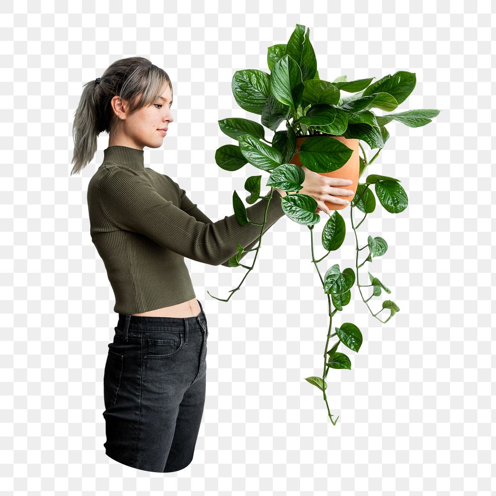 Png woman holding houseplant sticker, transparent background