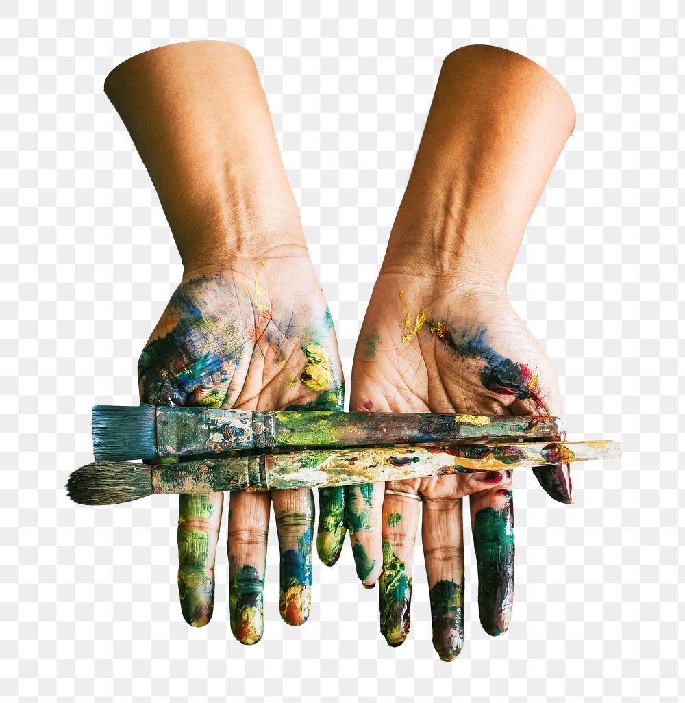 Png hands holding paint brush , transparent background