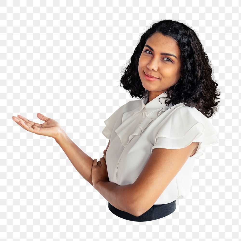 Png businesswoman presenting sticker, transparent background