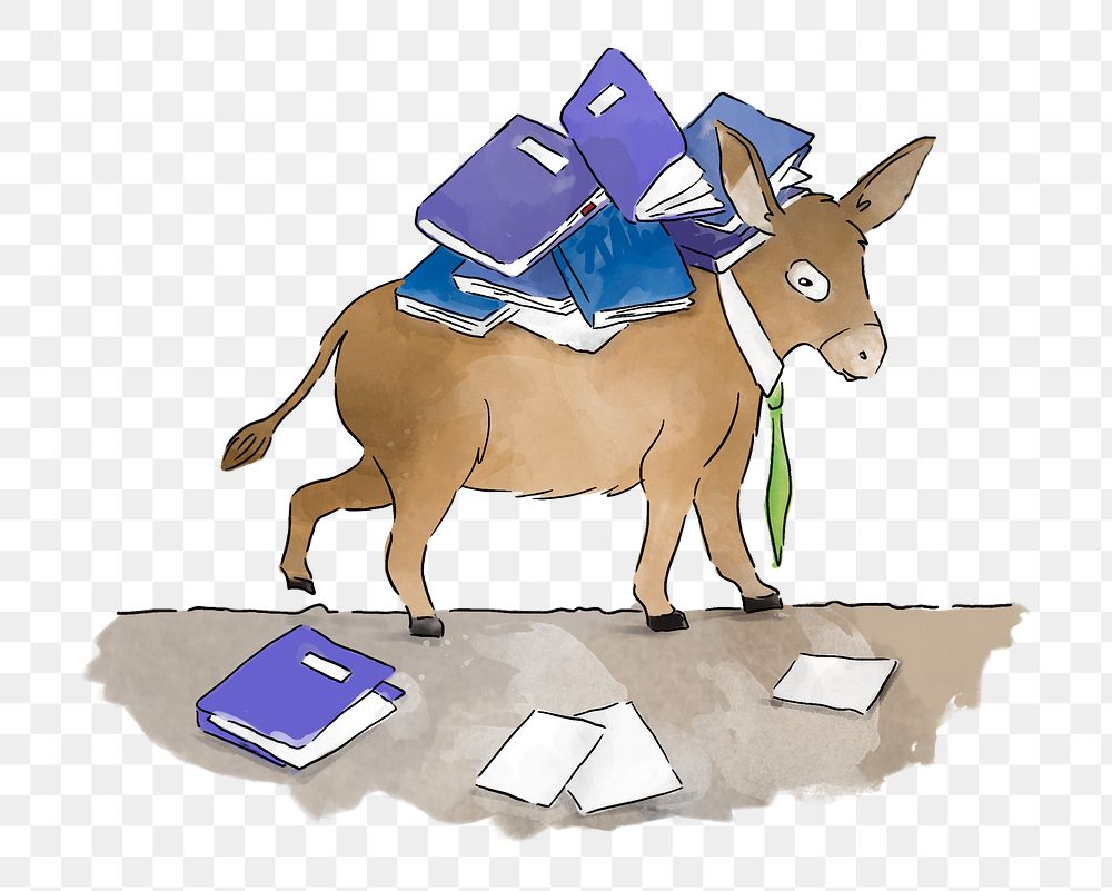 PNG Donkey carrying a load of books, illustration, collage element, transparent background