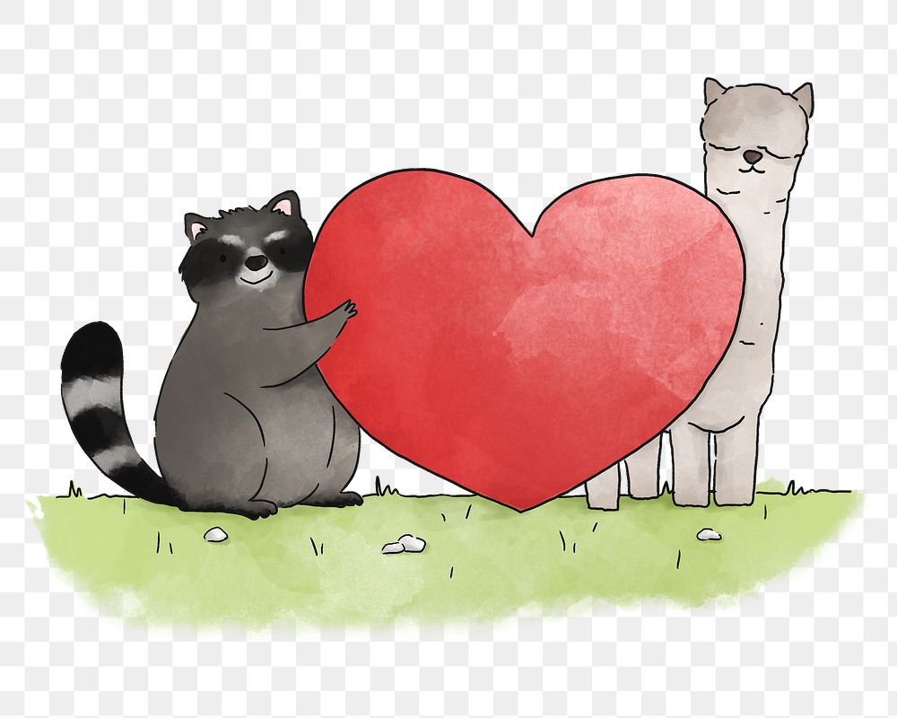 PNG Raccoon and lama in love, illustration, collage element, transparent background