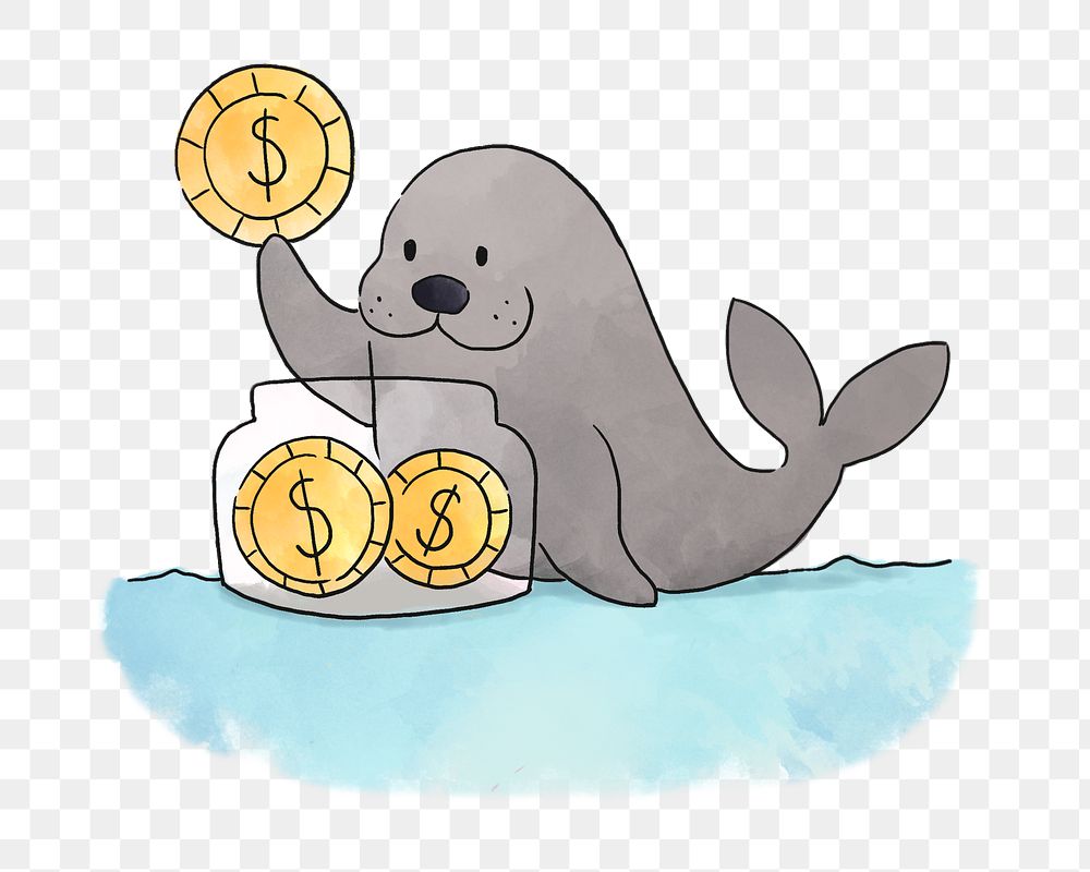 PNG Seal saving coins in a jar, illustration, collage element, transparent background