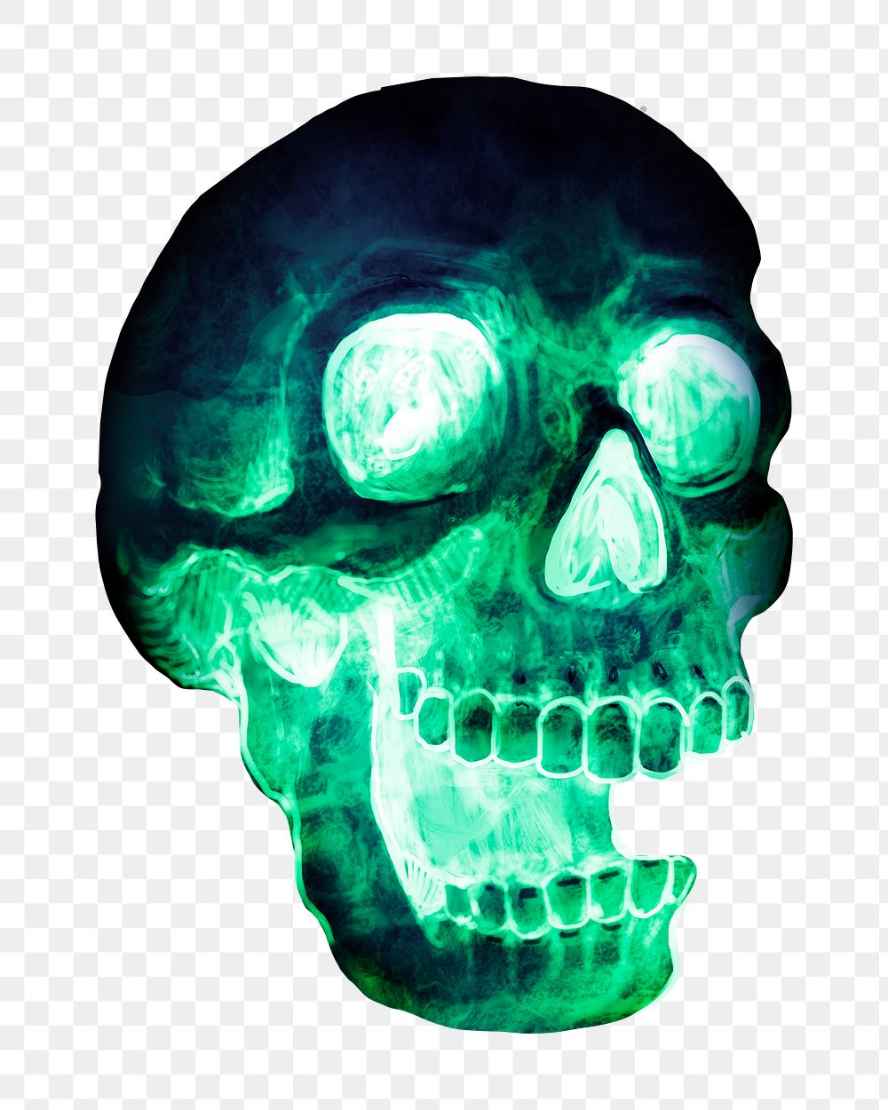 Png green human skull design element, transparent background