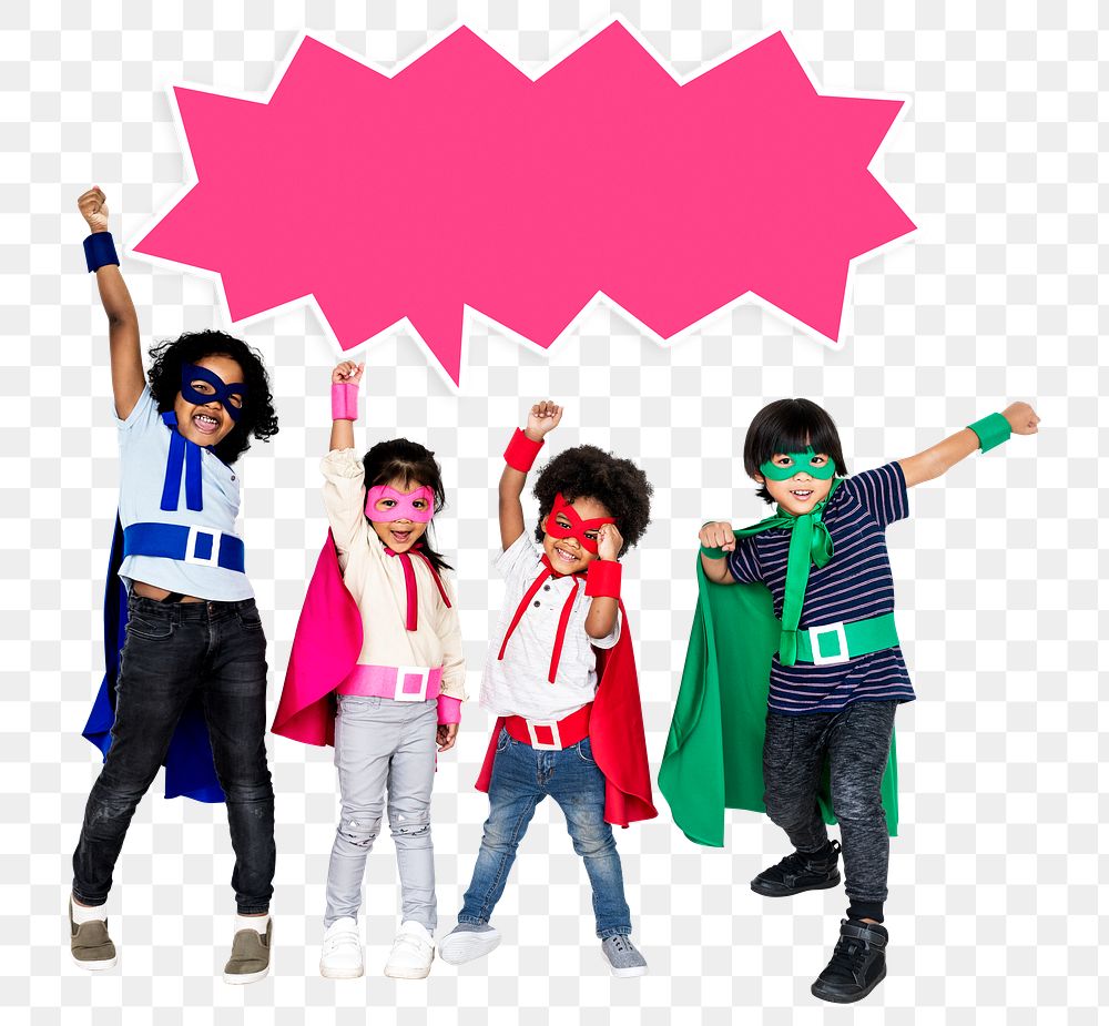 Png Cute kids wearing superhero costumes, transparent background