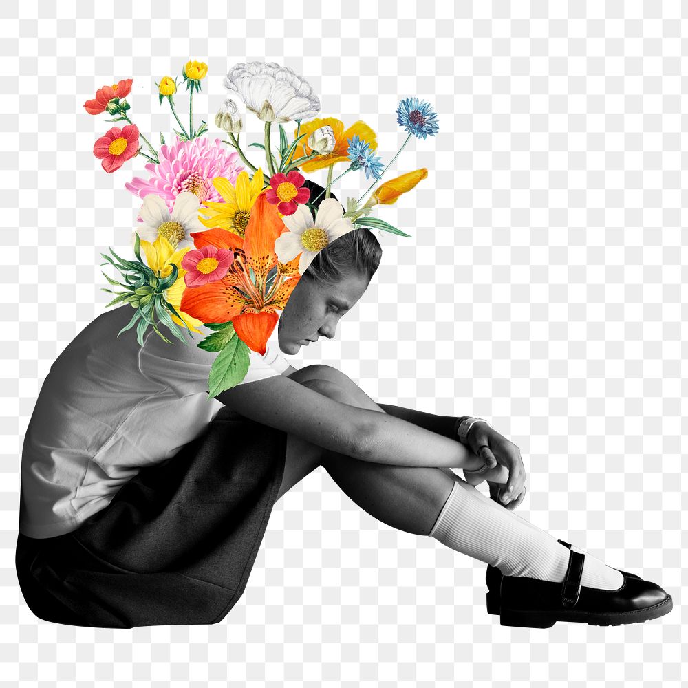 Student's mental health png, surreal flower remix, transparent background