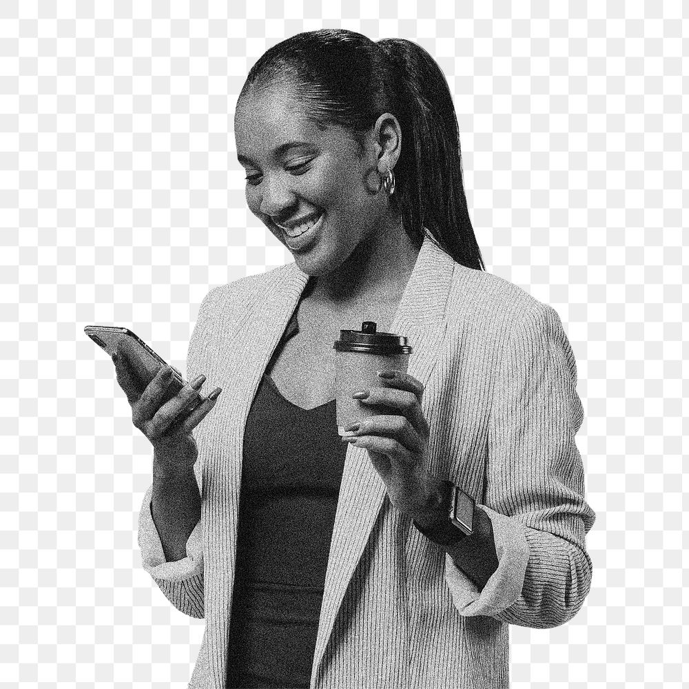 Woman looking png her phone, transparent background