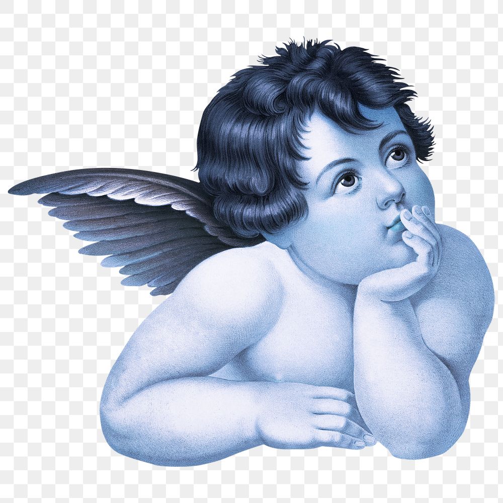 Blue cherub png, vintage illustration, transparent background