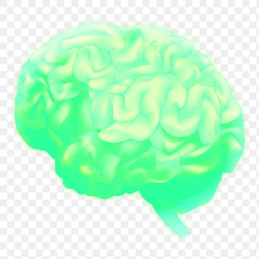 Human brain png, green neon image, transparent background