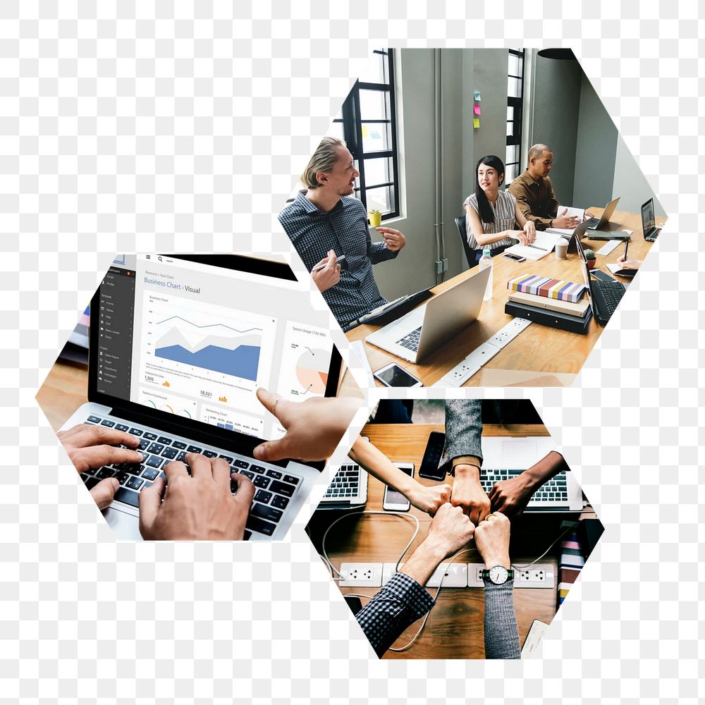 Business teamwork  png hexagonal sticker, transparent background