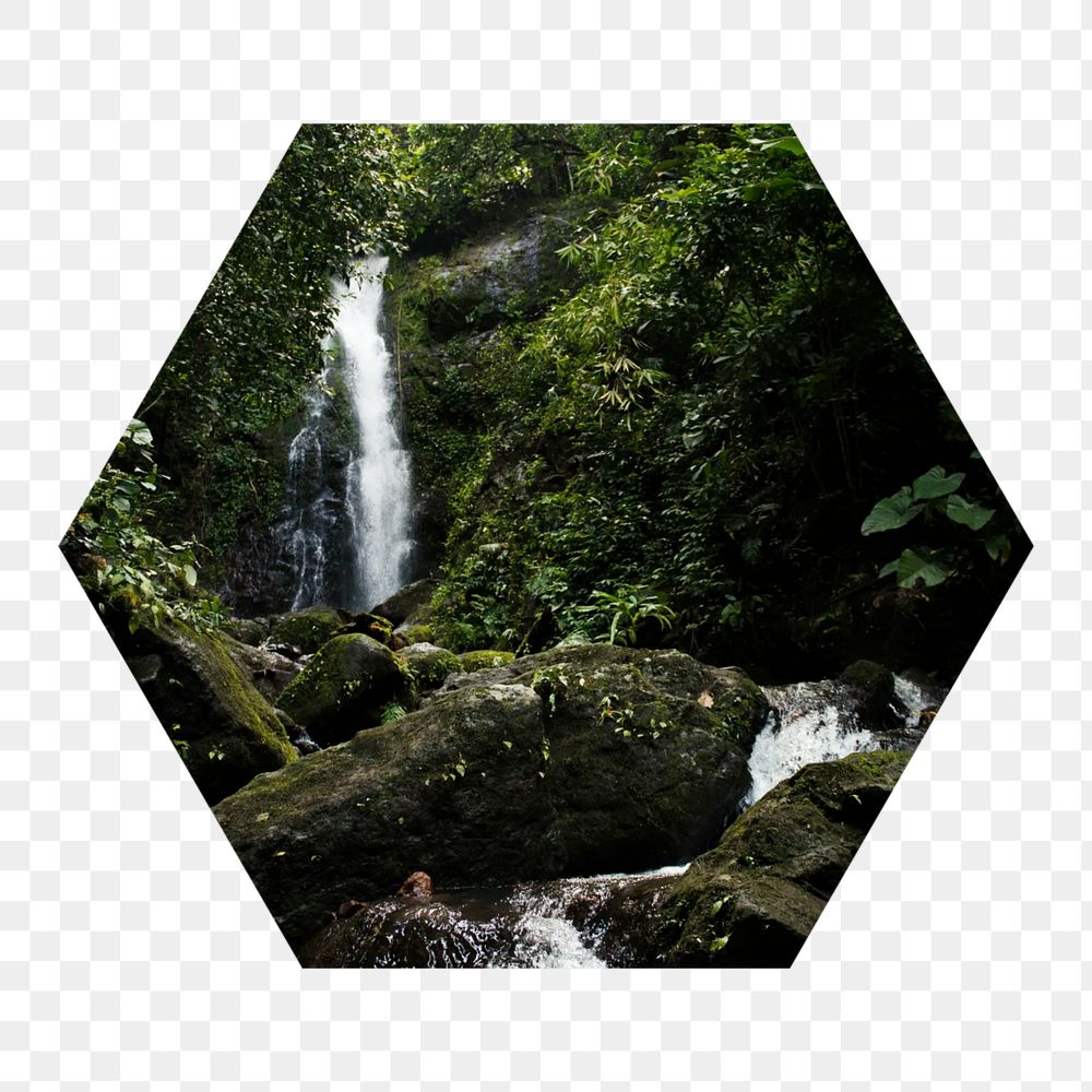 Beautiful waterfall  png hexagonal sticker, transparent background