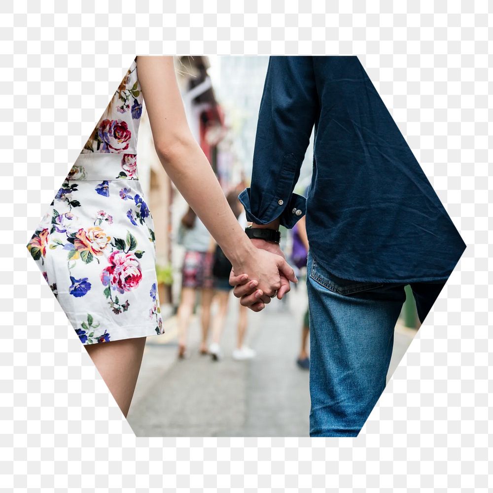 Png couple holding hands hexagonal sticker, transparent background