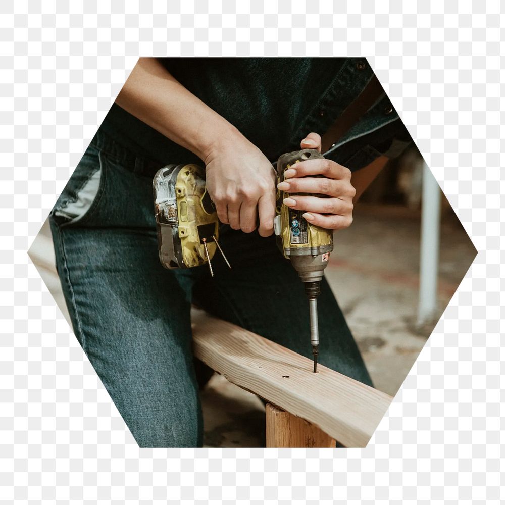 Png drilling a lumber hexagonal sticker, transparent background