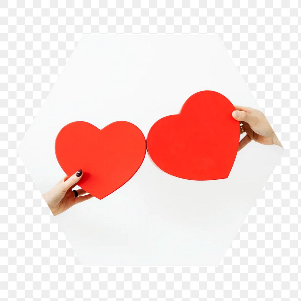 Png two red hearts hexagonal sticker, transparent background