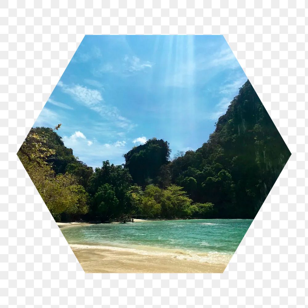 Peaceful beach png hexagonal sticker, transparent background
