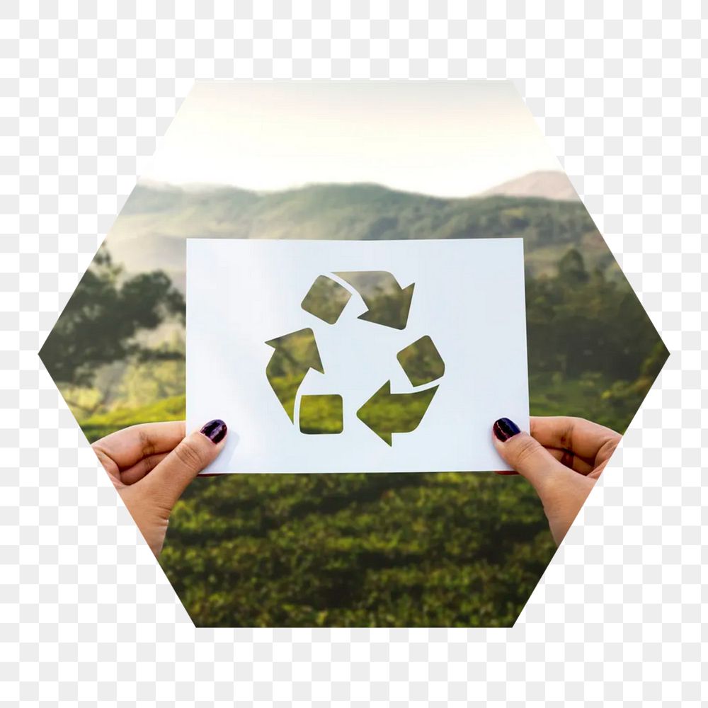 Png recycling promotion sign hexagonal sticker, transparent background