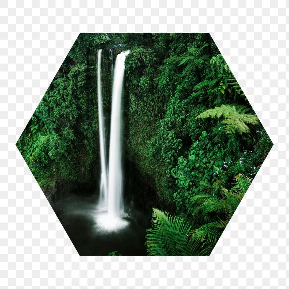 Waterfall landscape  png hexagonal sticker, transparent background