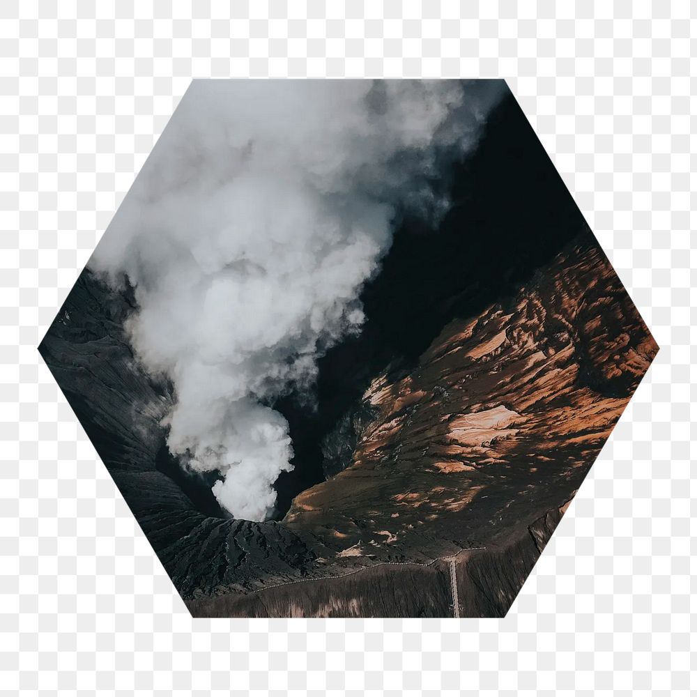 Volcano eruption  png hexagonal sticker, transparent background