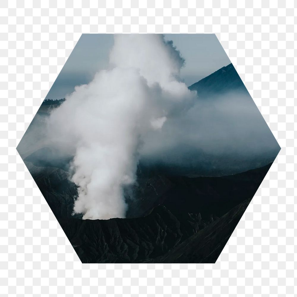 Explosive volcano  png hexagonal sticker, transparent background