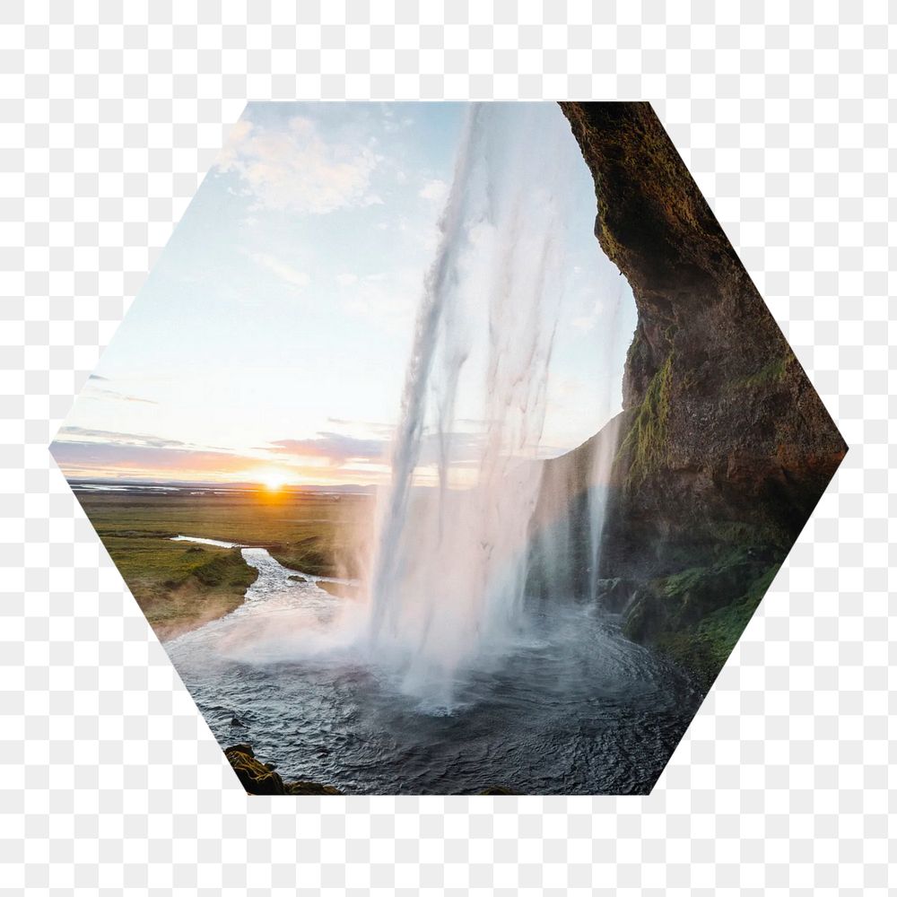 Wonderful waterfall  png hexagonal sticker, transparent background