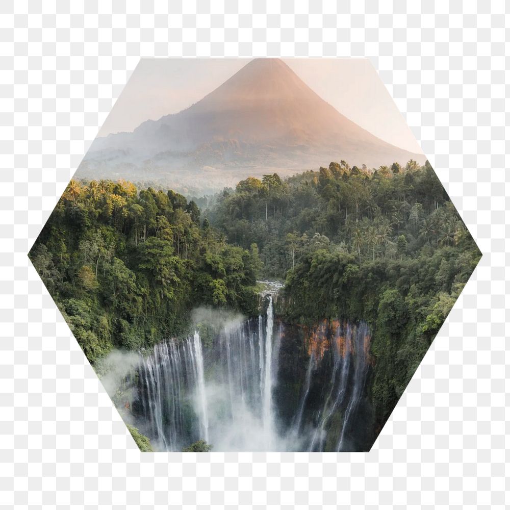 Dreamy waterfall  png hexagonal sticker, transparent background